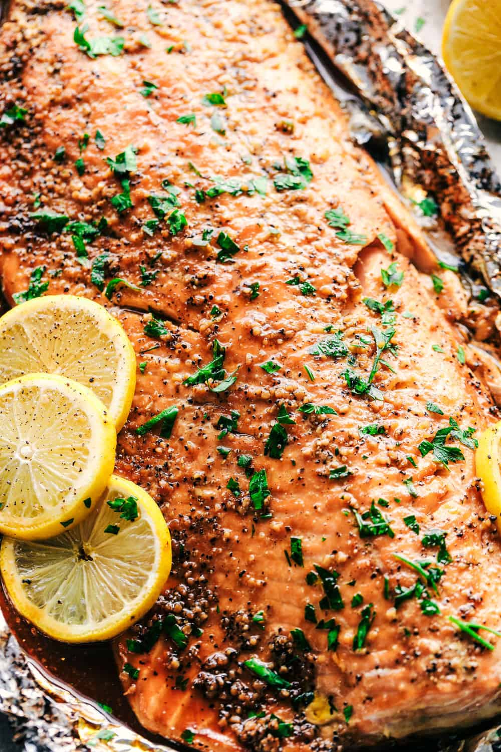 Close up of salmon in foil.