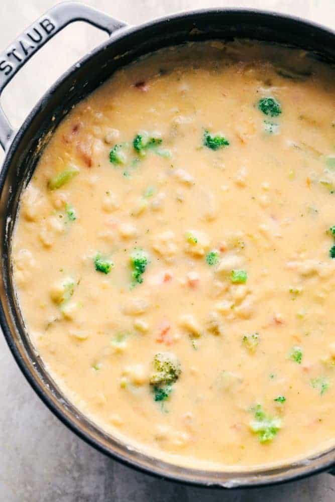 Cheesy Vegetable Soup in a iron skillet.