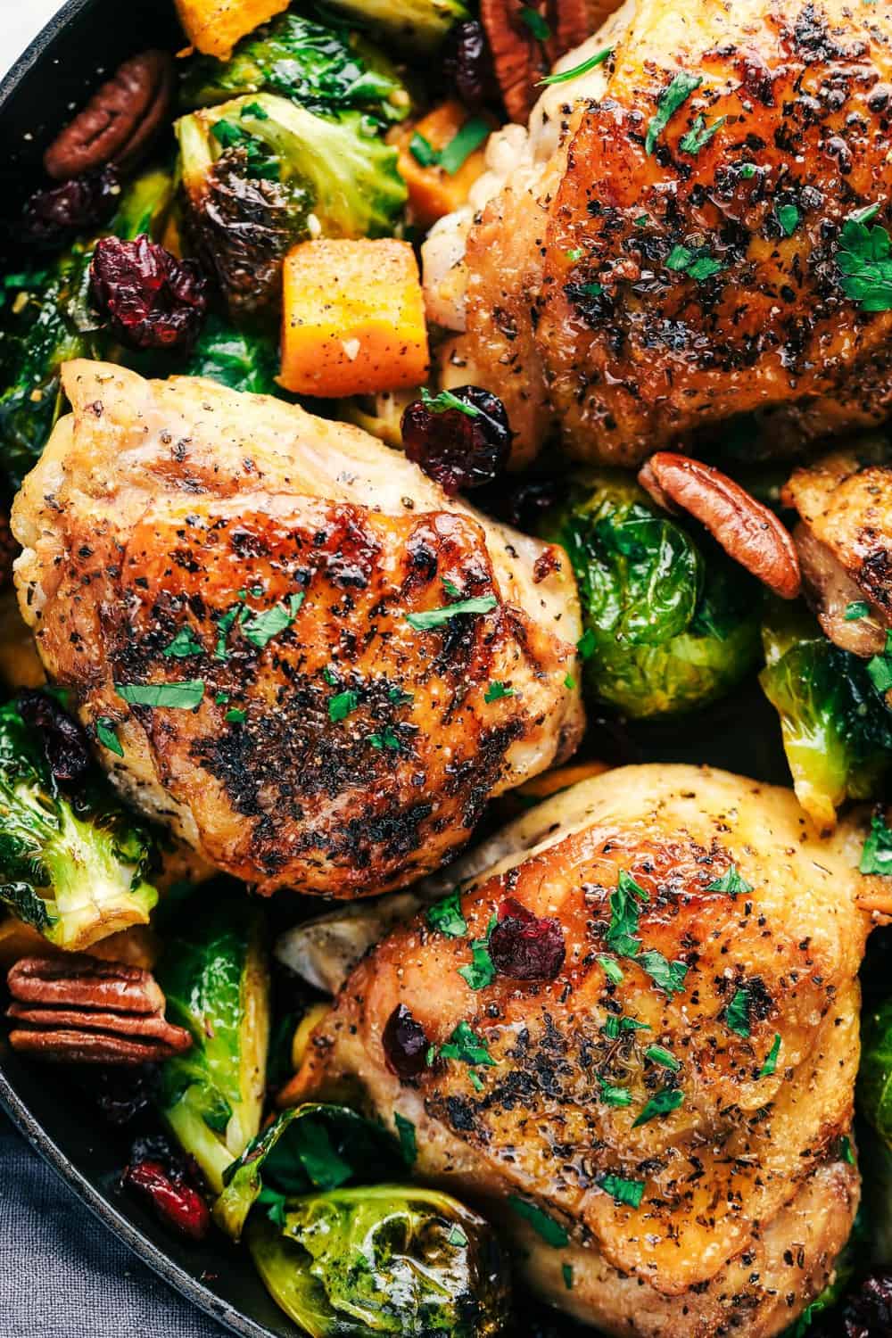 roasted honey and garlic butter chicken with Brussels sprouts and butternut squash
