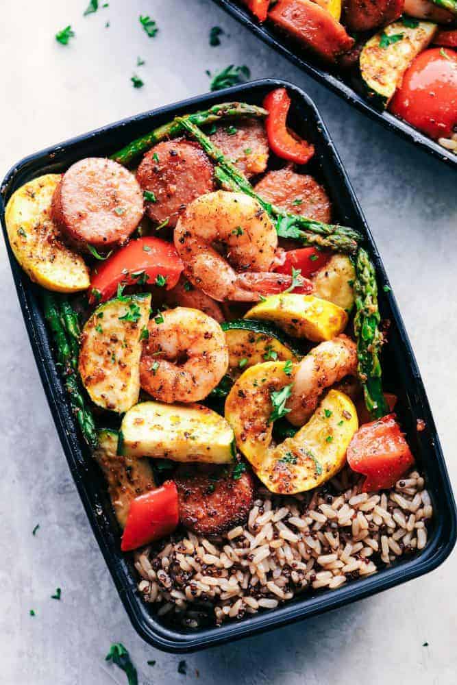 Cajun Shrimp and Sausage Vegetables with rice in a dish. 