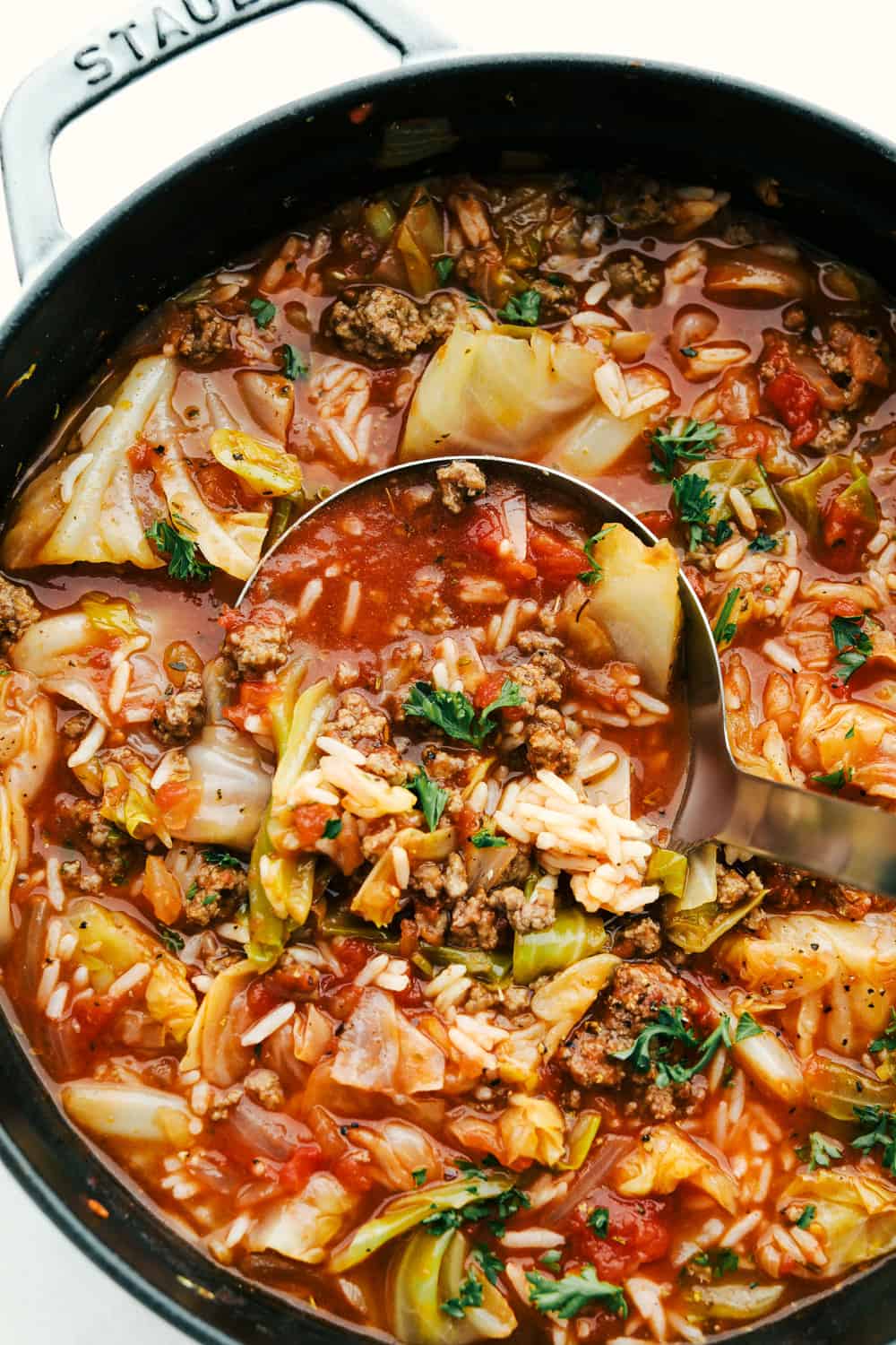 Hearty Stuffed Cabbage Soup full of veggies, hamburger and rice.