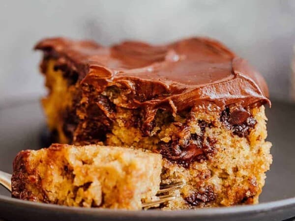 Closeup of a bite of chocolate chip banana cake