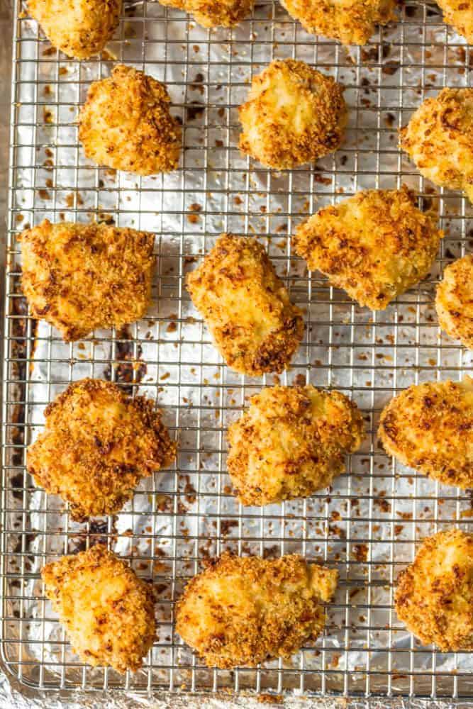 Baked Parmesan Chicken Nuggets on a cooking sheet. 