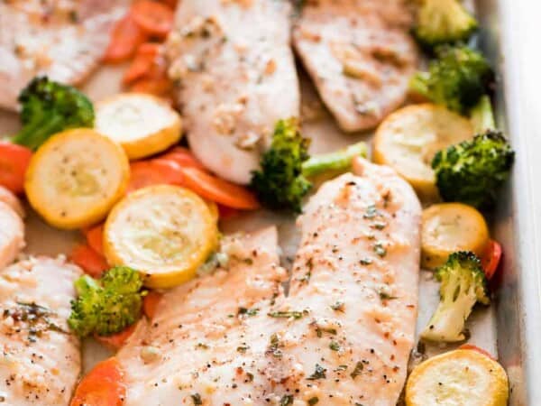 This Baked Tilapia and Roasted Veggies is a low calorie and high protein dish that comes together in less than 25 minutes! 
