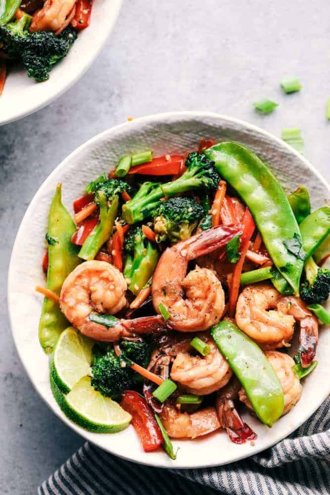 Shrimp stir fry served in a bowl. 