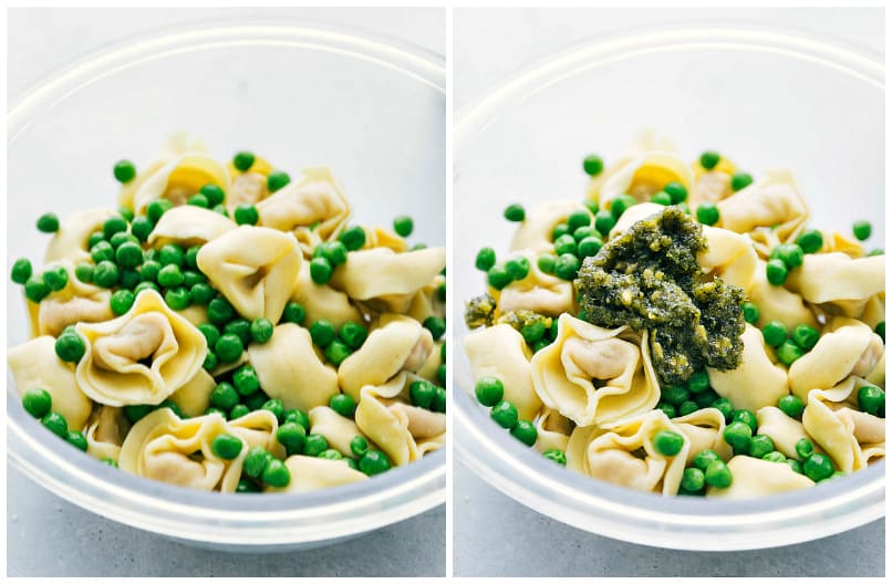 Tortellini and peas in a bowl. 