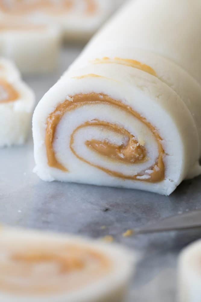 Peanut butter pinwheel rolled together. Cut off the end To show the roll.