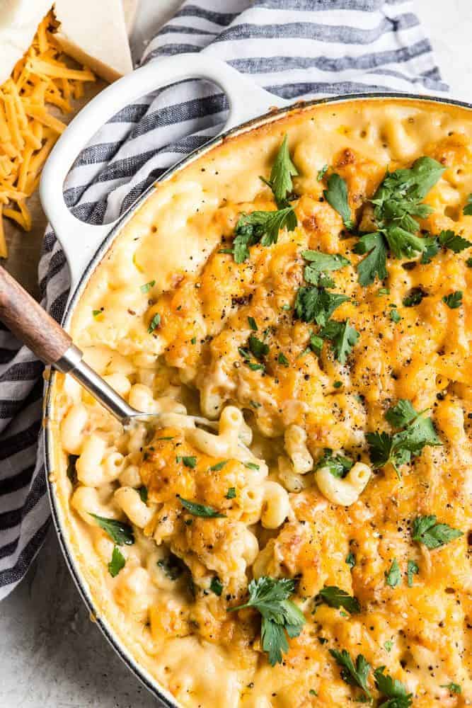 Baked Macaroni and Cheese in a pot with spoon.