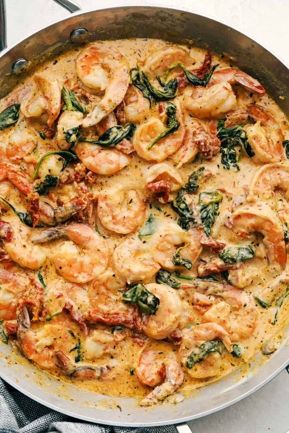 Tuscan Garlic Shrimp in a pan ready to eat.