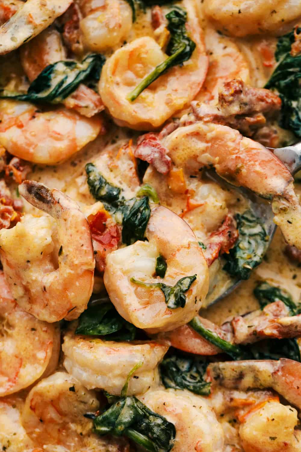 Upclose picture to see the creamy tuscan garlic shrimp and the incredible texture. 