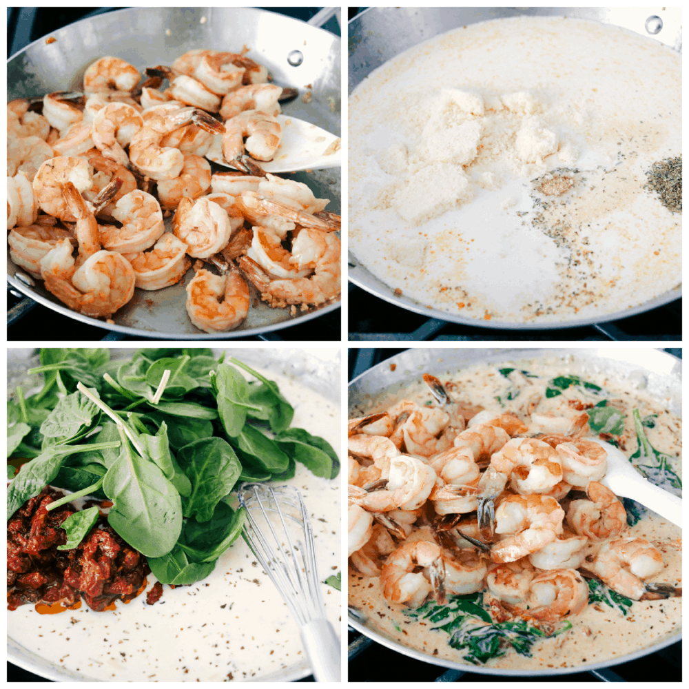 Sauteing the shrimp, making the cream sauce and adding the ingredients all together. 