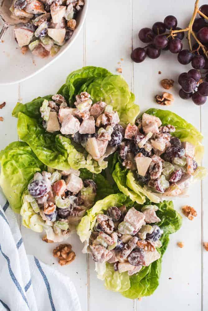 Four lettuce leaves topped with Waldorf Chicken Salad.