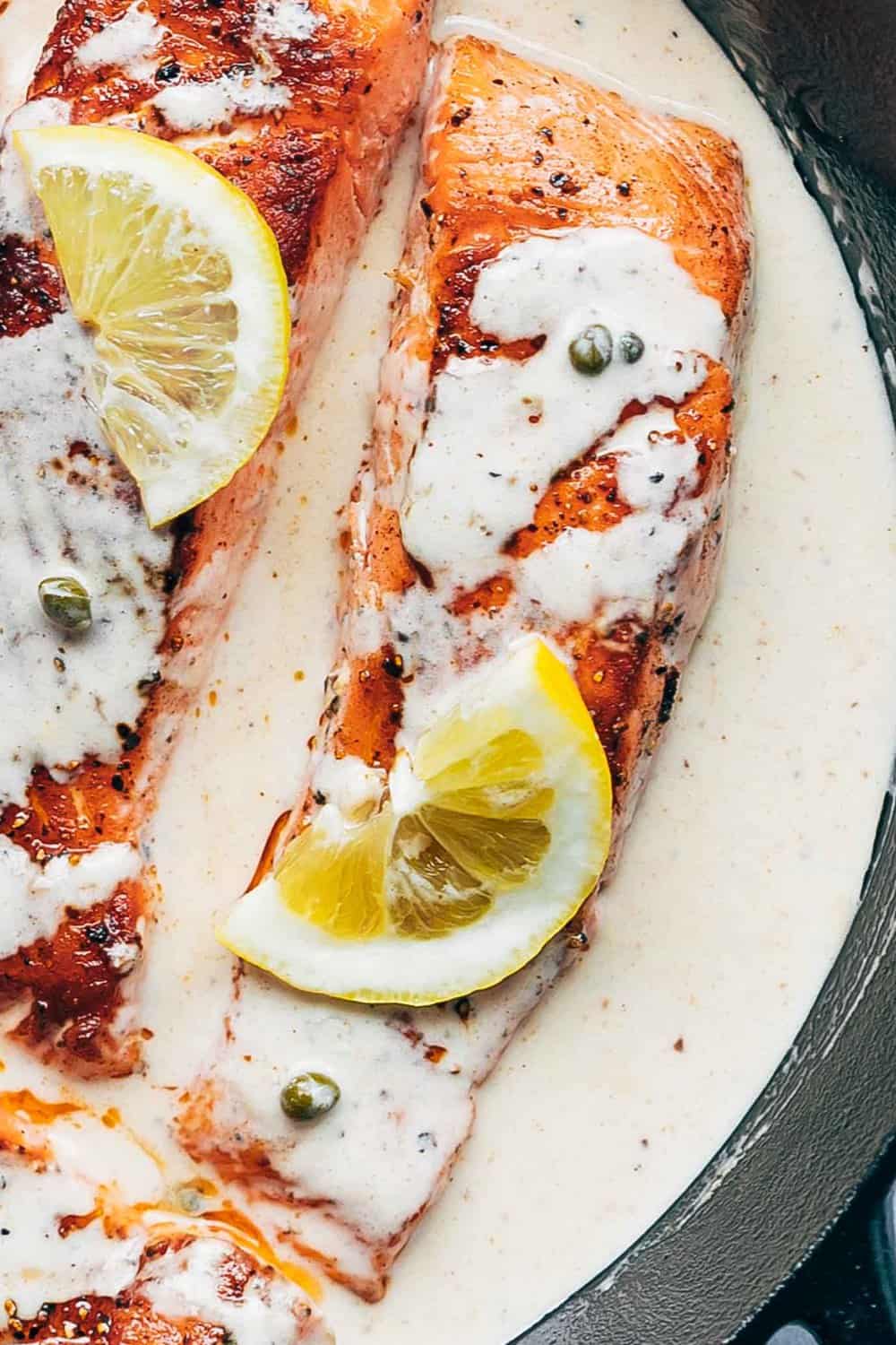 Closeup of the Lemon Salmon Piccata with capers and lemon slices