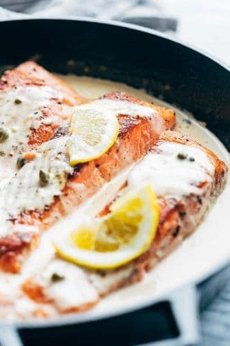 Side Angle of the Lemon Salmon Piccata with capers and lemon slices