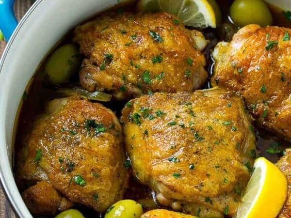 This Moroccan chicken is tender chicken thighs cooked in an aromatic sauce with olives and lemon. An easy dinner that's full of unique flavors!