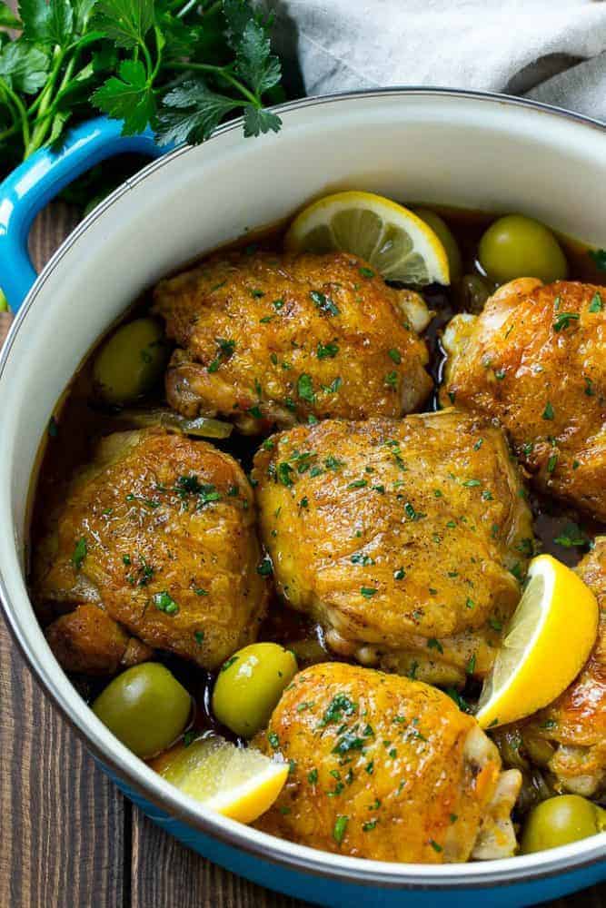 Moroccan chicken in an iron pot. 
