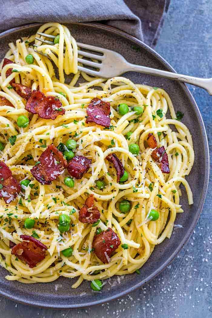 Plate of pasta carbonara with a fork