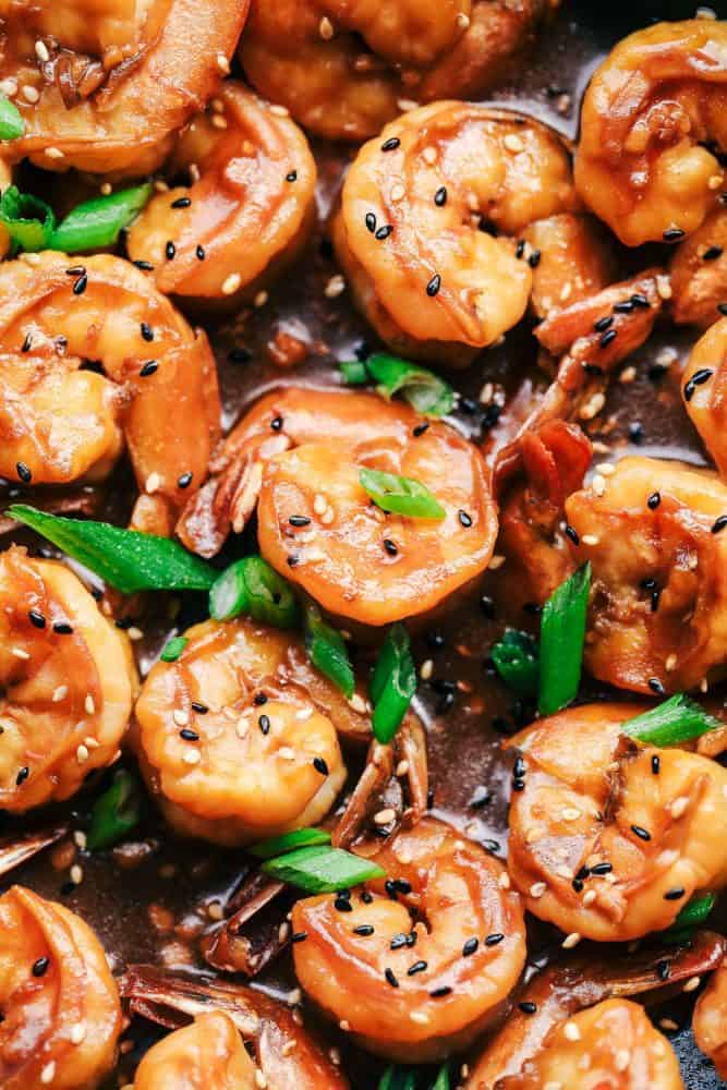 Close up of Sticky Sesame Garlic Shrimp