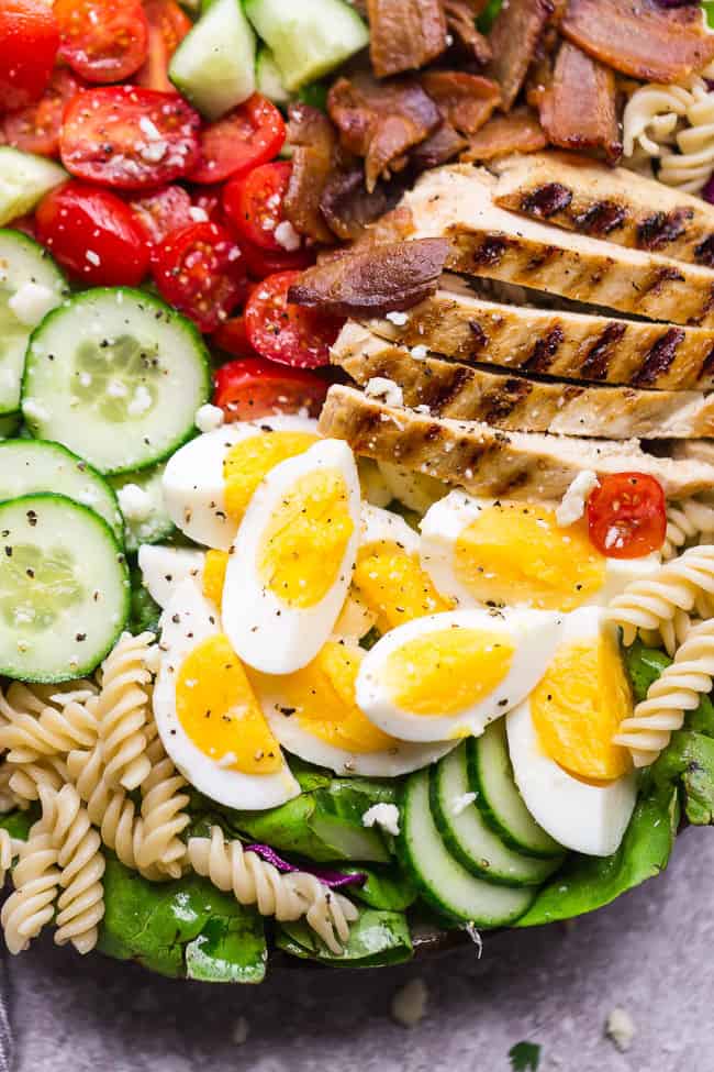 Closeup of Balsamic Chicken Cobb Salad. 