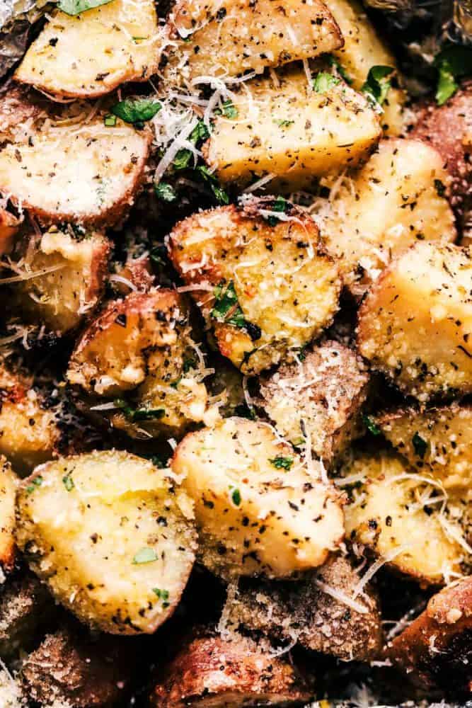 Close up of Parmesan Garlic Potatoes.