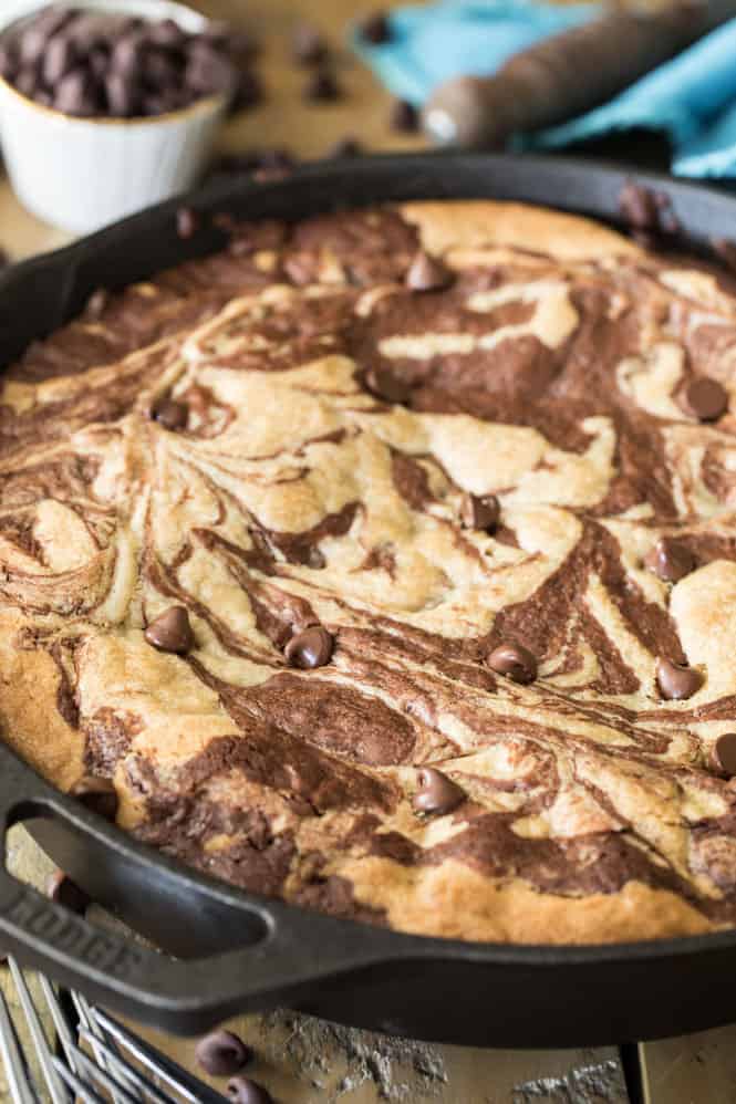 Freshly baked skillet brownie cookie in a skillet. 