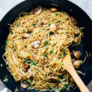 Garlic mushroom noodles tossed up in a wok