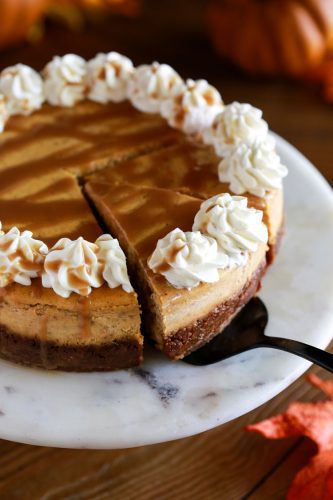 Pumpkin cheesecake with caramel sauce.