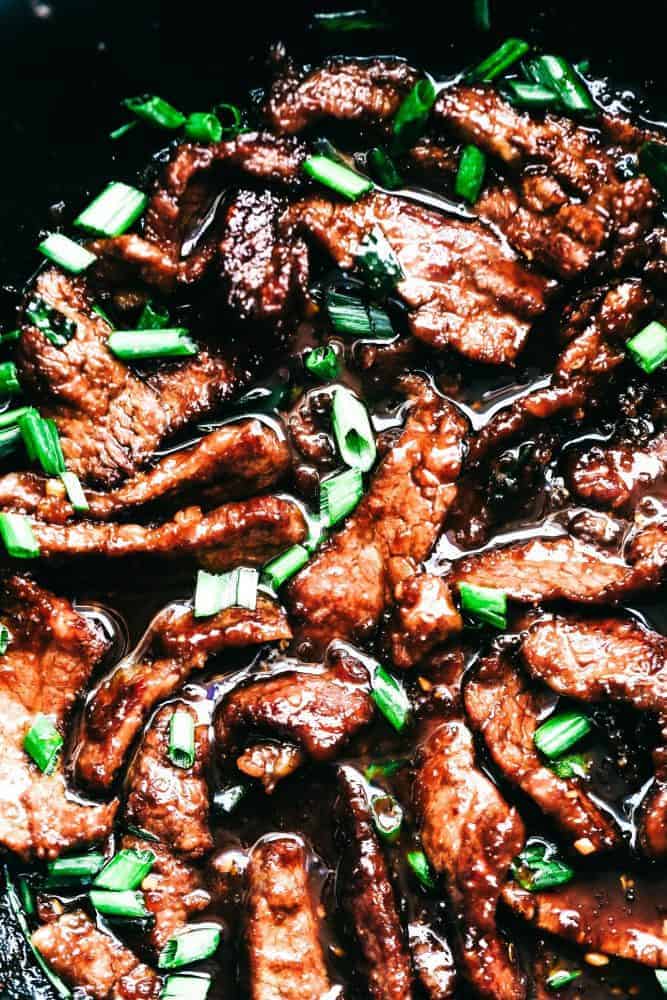 Close up of Mongolian Beef. 