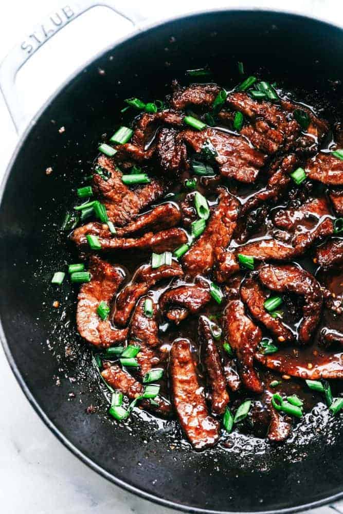 Mongolian Beef in a skillet. 