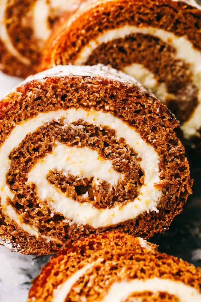 Close up of a few slices of Pumpkin Roll. 