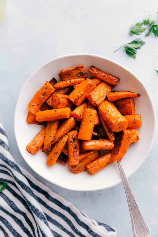 Honey Orange Glaze Carrots in a white bowl. 