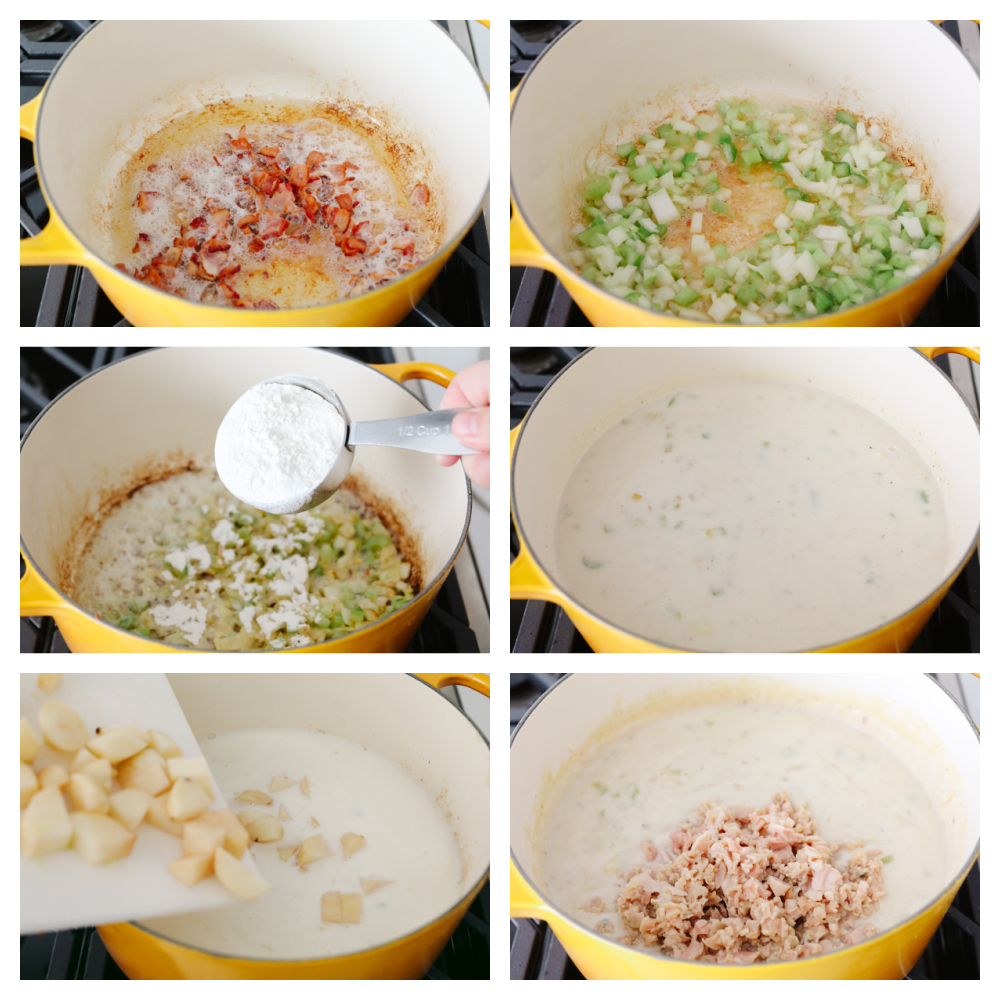 6 pictures showing step by step instructions on how to make chowder. 