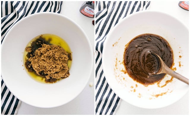  Two photos side-by-side. One on the left-hand side is a white bowl with the ingredients to make white chocolate cranberry Blondies. The second photo on the right hand side is the batter mix together using a wooden spoon and a white bowl.