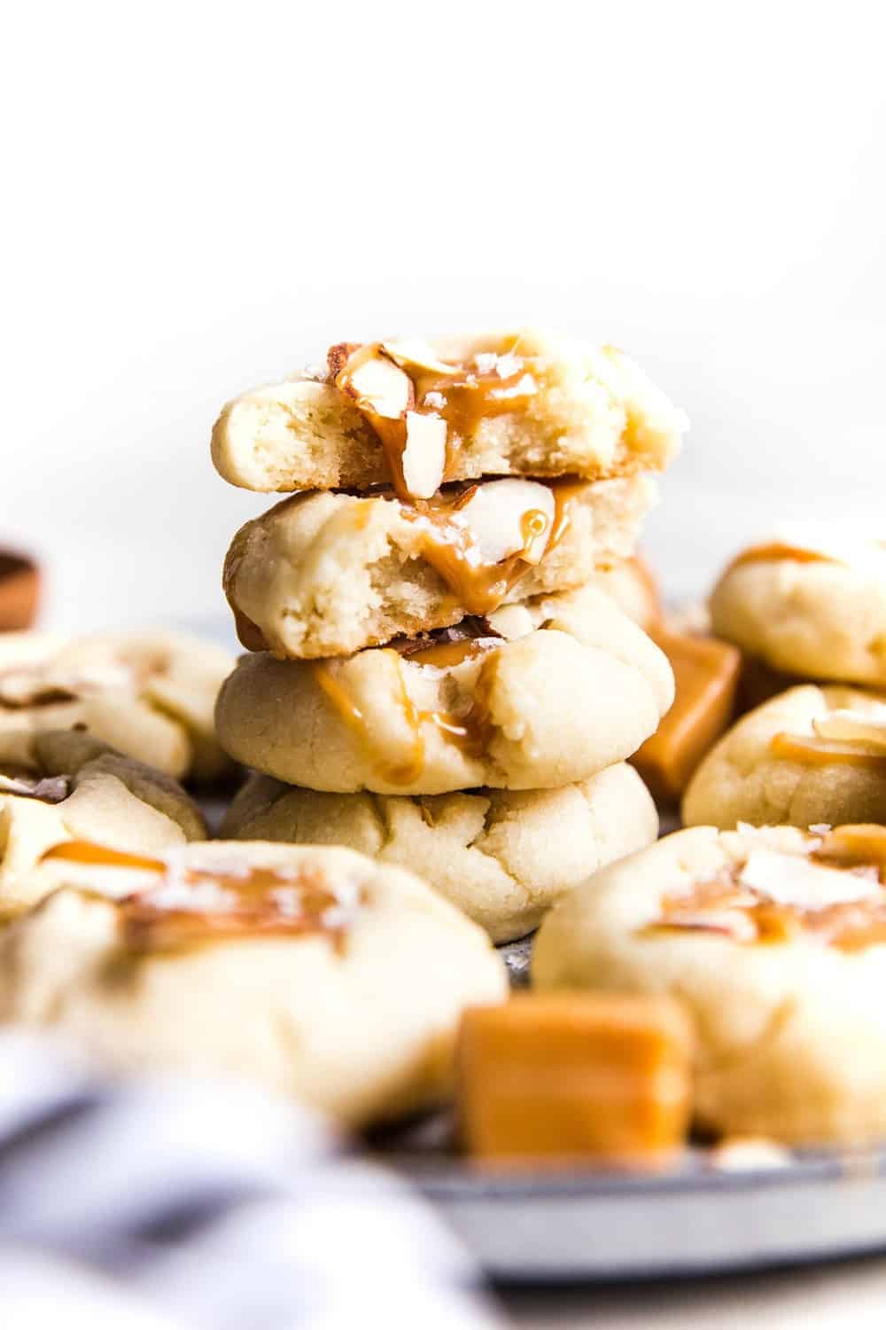 Almond thumbprint cookies with a salted caramel center