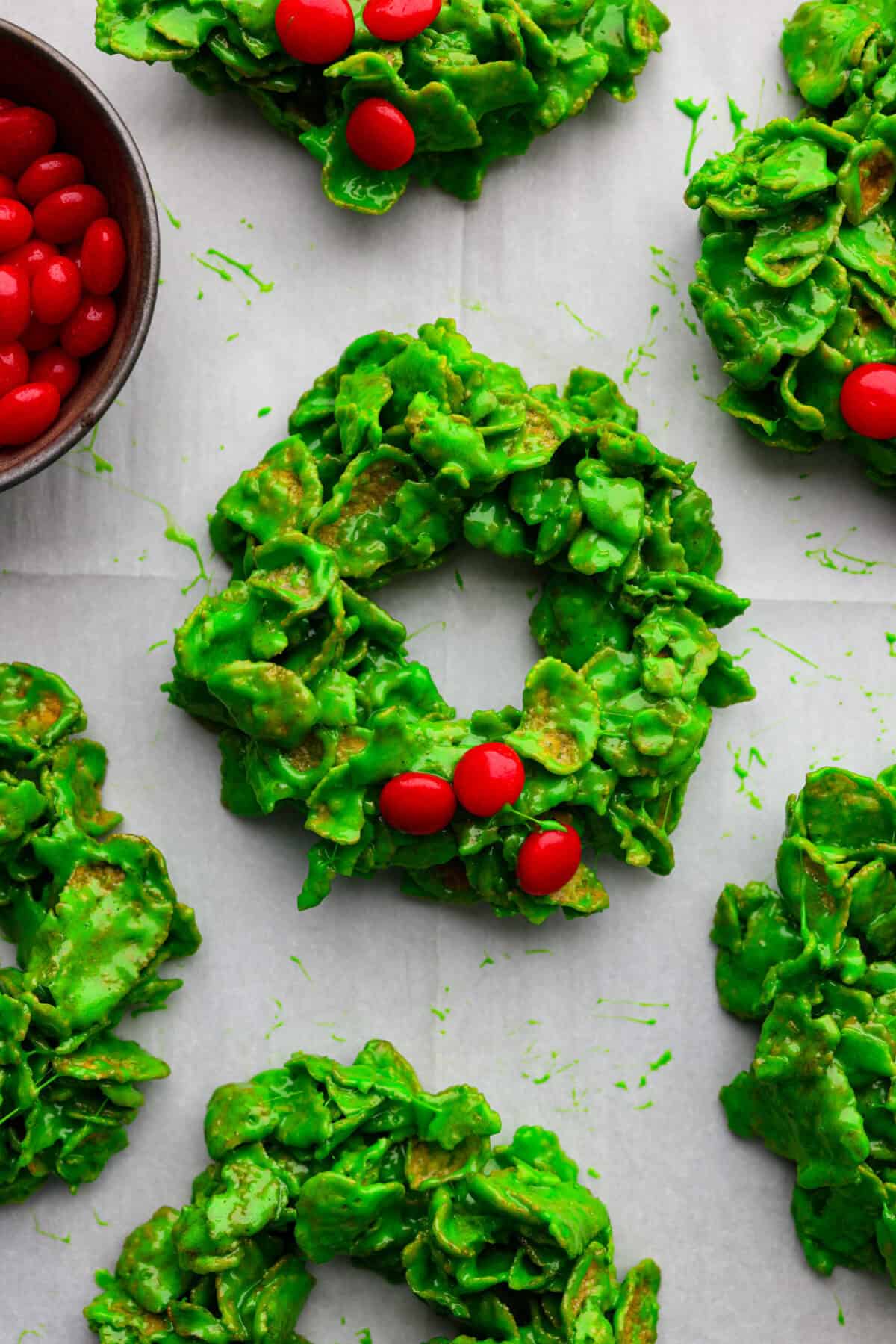 Overhead shot of Christmas cornflake wreaths. 