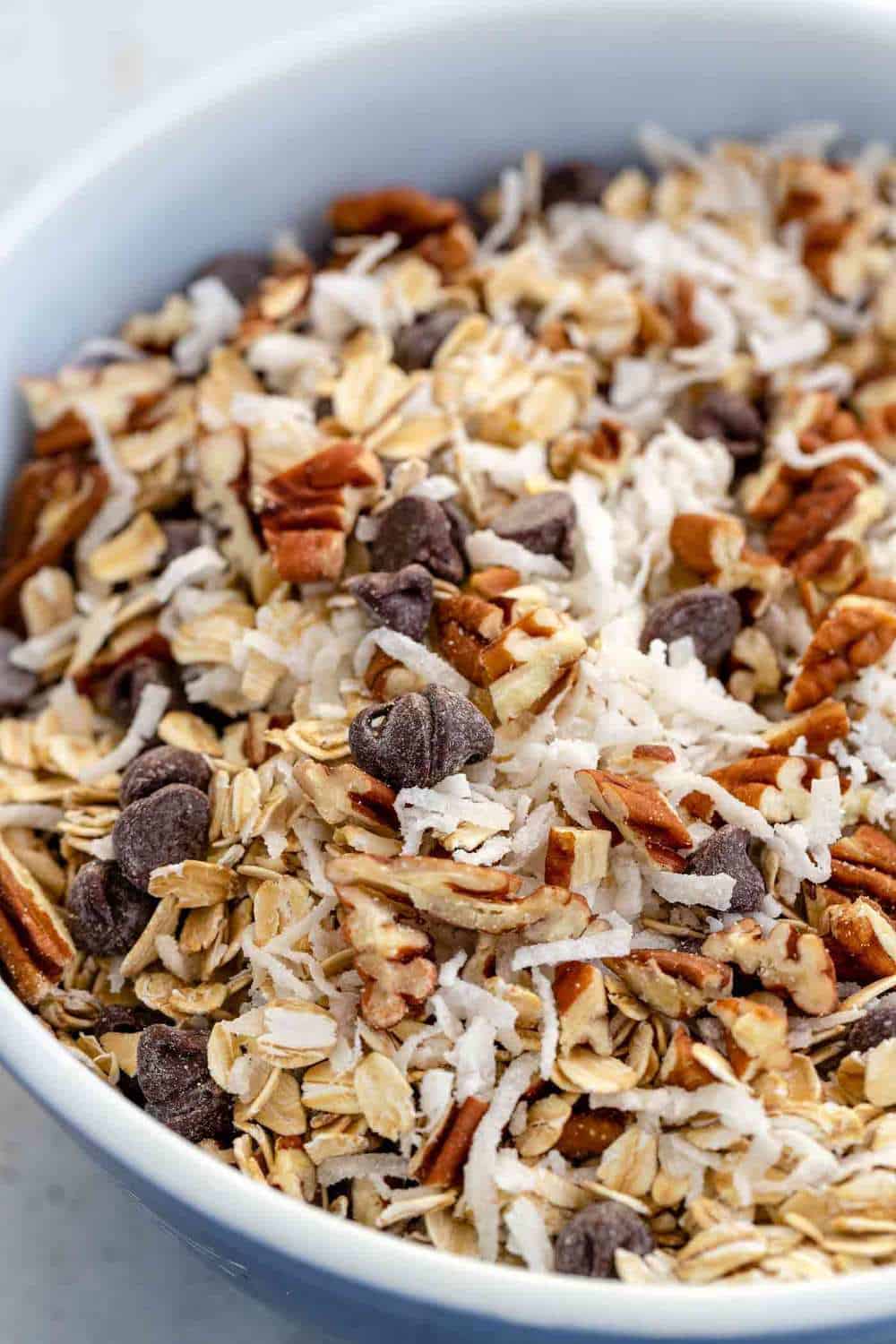dried ingredients and chocolate chips in a mixing bowl