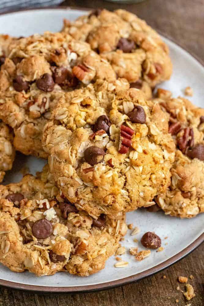 Cowboy cookies on a white plate. 