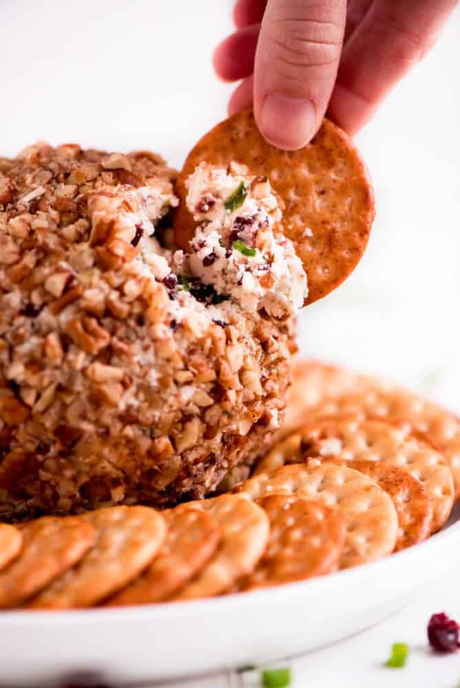 Cranberry Pecan Cheese Ball with crackers rapped around it on a white serving dish. 