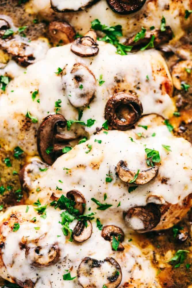 Close up on Easy Baked Cheesy Mushroom Chicken.