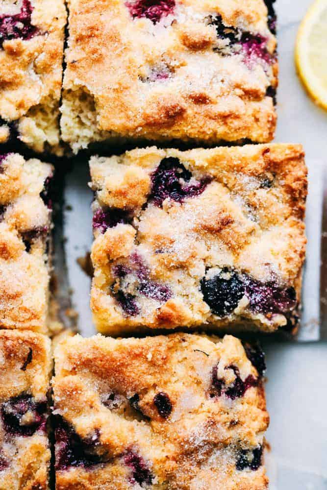 Closeup of Blueberry Buttermilk Breakfast Cake slice.