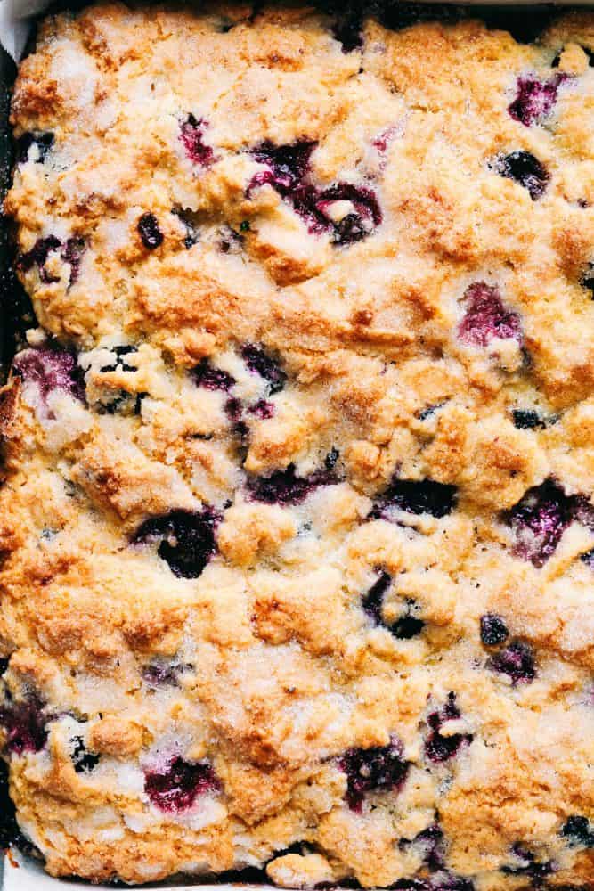 Top-down view of blueberry buttermilk breakfast cake.