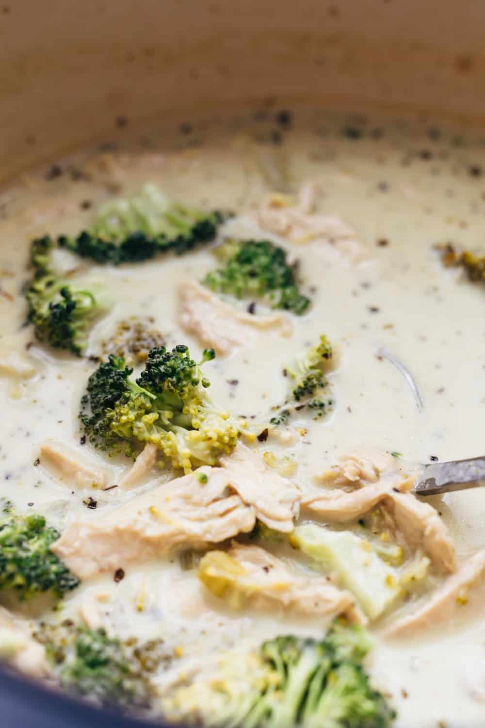 Creamy chicken broccoli soup closeup