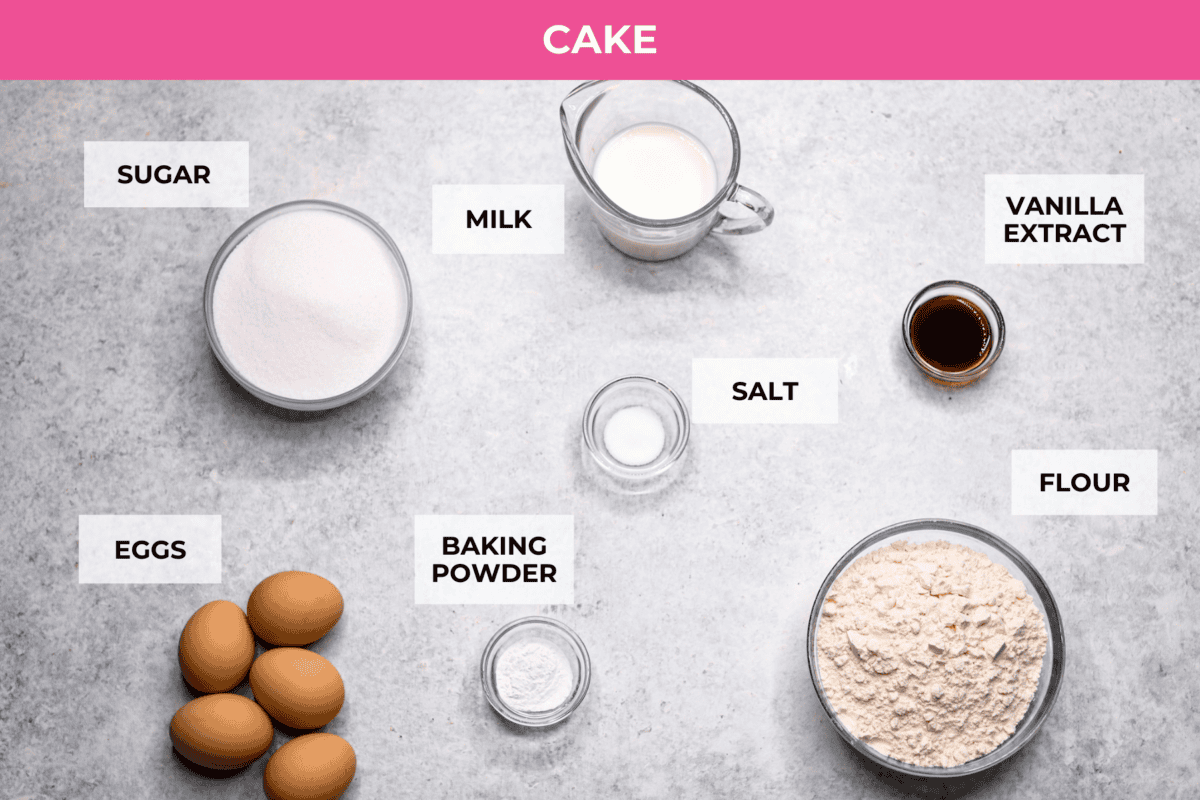 Overhead shot of labeled cake ingredients. 