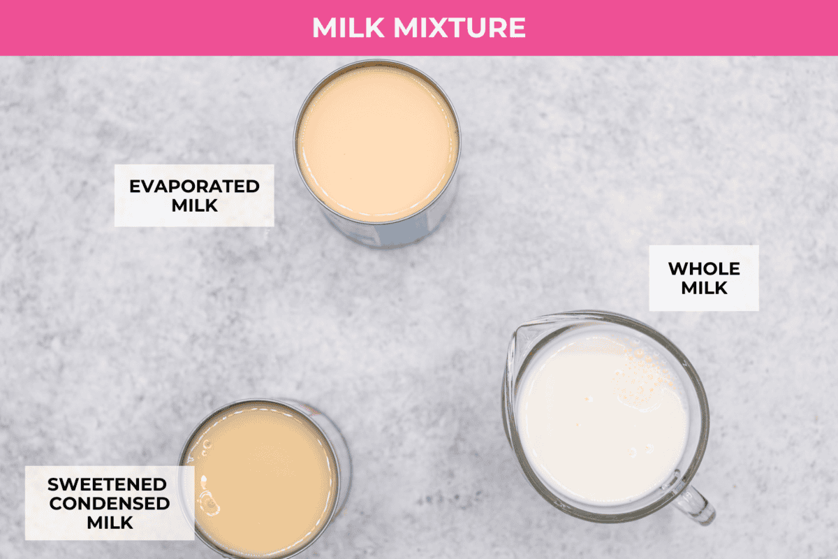 Overhead shot of labeled milk mixture ingredients making the three milks or tres leches. 