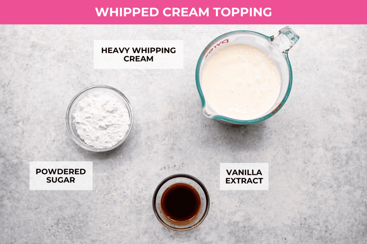 Overhead shot of labeled whipped cream topping ingredients. 