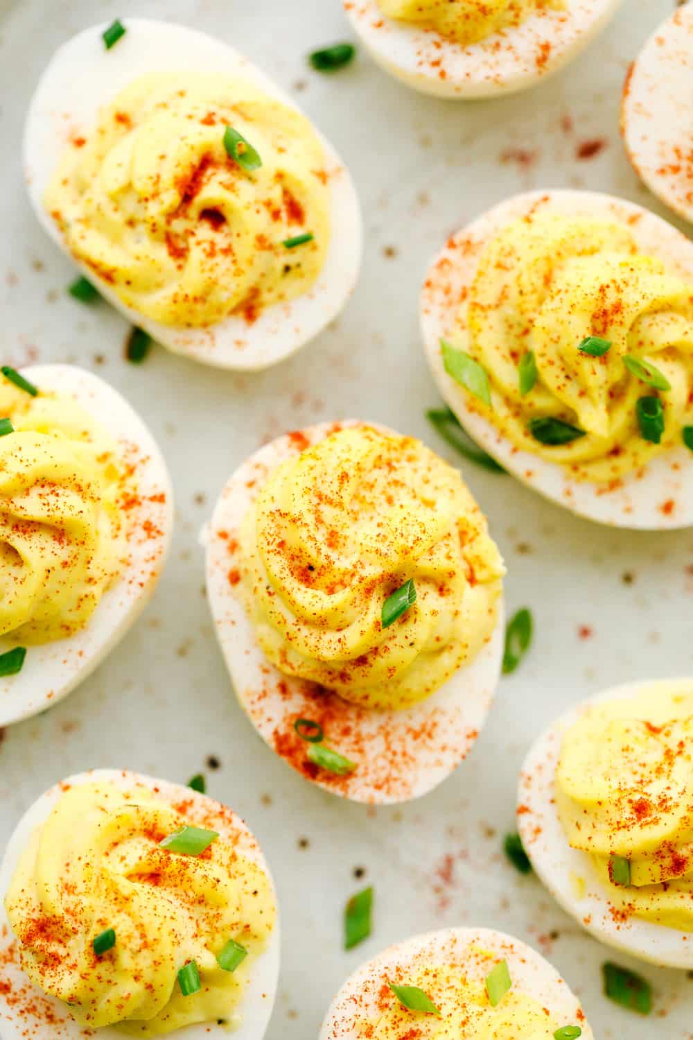 Deviled eggs with paprika over top. 