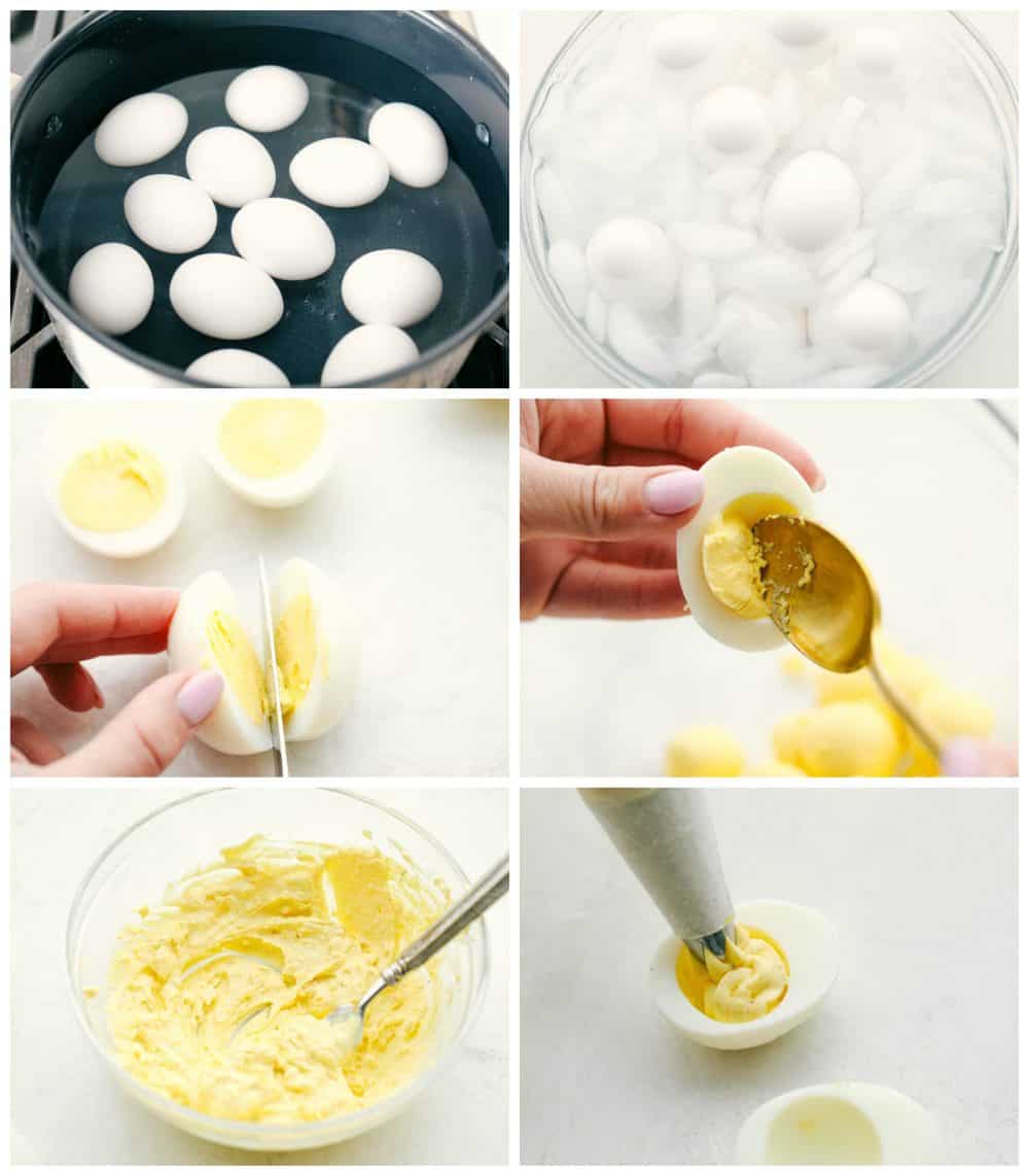 The making of deviled eggs by boiling water and then sticking the eggs into the cold bath water. Peeling and cutting the eggs in half then spooning out the yolk and mixing it with mayonnaise and dijon mustard. Lastly, piping it into an egg. 