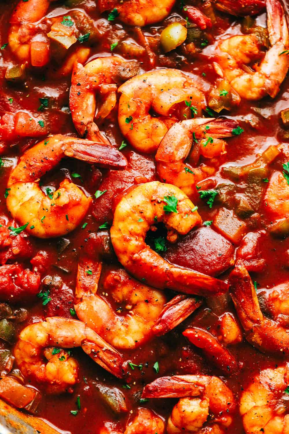 Close up on creole shrimp.