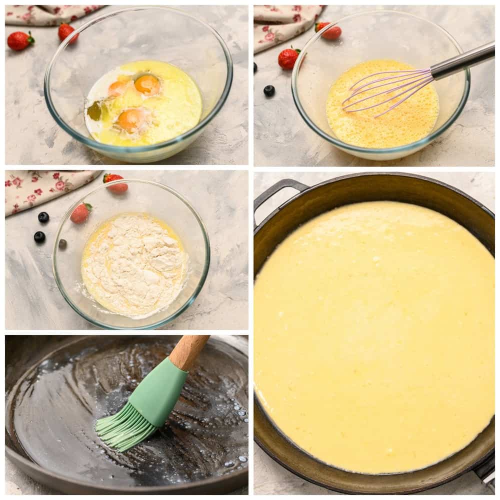 The process of making German pancakes in each photo. First whisk together eggs, add flour and other ingredients then butter a pan and pour the batter into the pan. 