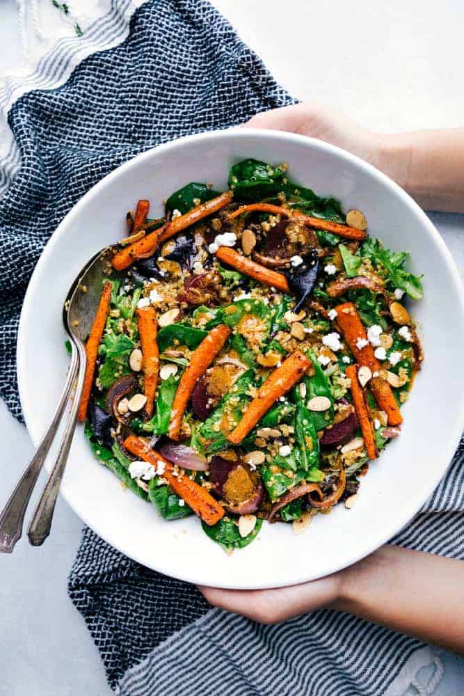 This roasted beet, quinoa, and carrot salad is packed with healthy and good-for-you ingredients! It's super flavorful and has the best lemon dressing!